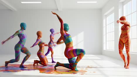 in an art space alive with vibrant patterns, colorful human figures engage in dynamic and expressive movements, capturing attention