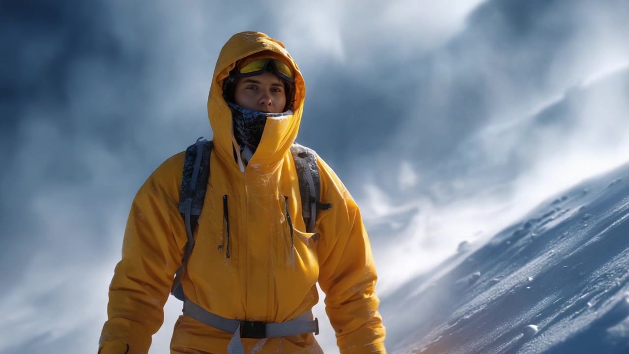 Un individuo determinato con un parka giallo vivace attraversa un paesaggio innevato mozzafiato, mostrando resilienza e spirito d'avventura tra i rigori dell'inverno.