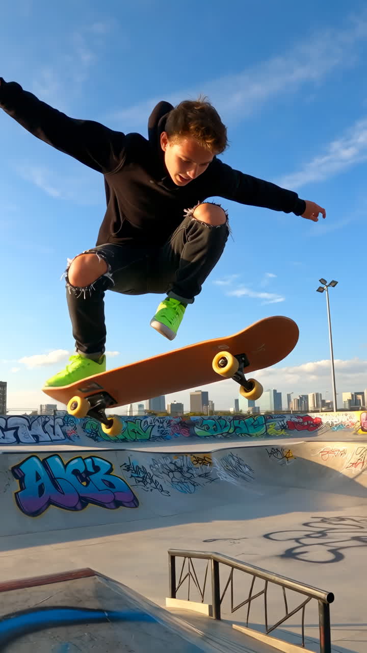 Young Skateboarder Performing a Trick in a Graffiti-Covered Skatepark
