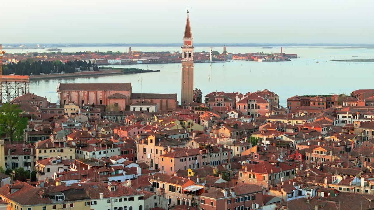 Aerial view of houses surrounding San Francesco della Vigna Campanile in Venice, Italy, at daytime