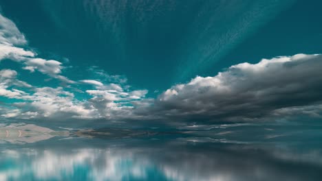 una dramática formación de nubes llevada por fuertes vientos flota sobre un vasto lago, creando un impresionante reflejo en espejo