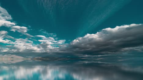 a dramatic cloud formation carried by strong winds hovers over a vast lake, creating a stunning mirrored reflection