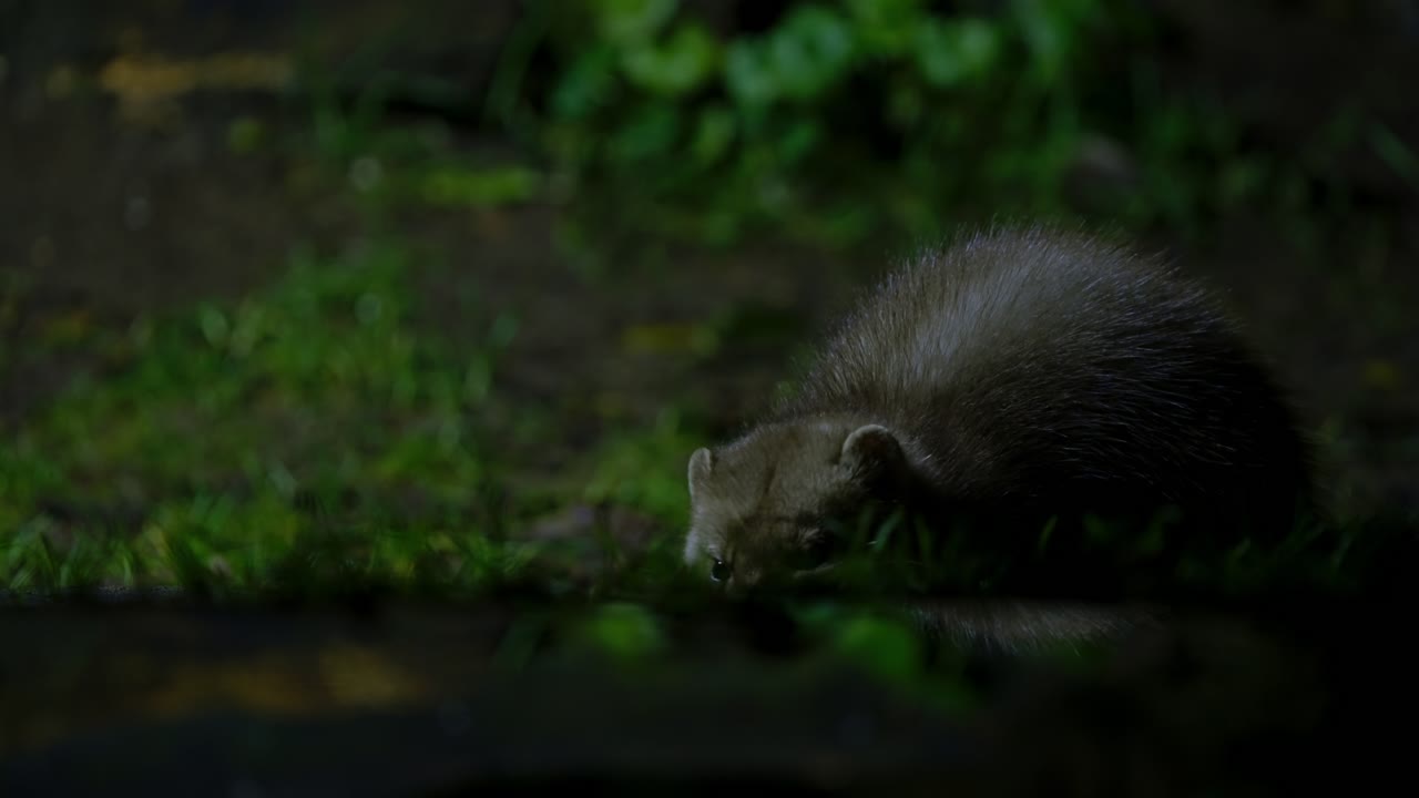 A beech marten exploring a forest clearing at night among fallen leaves and tree trunks