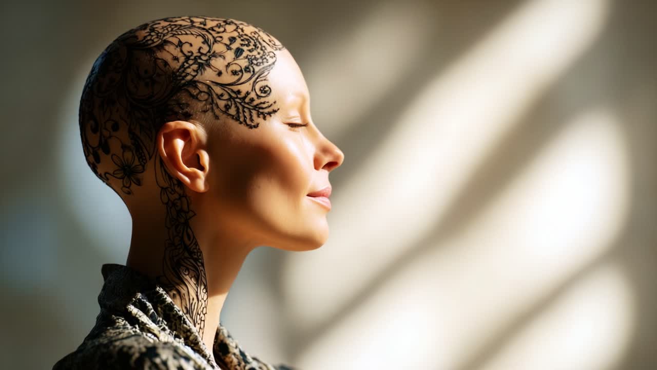 A Serene Portrait of a Bald Woman with Intricate Body Art, Capturing a Moment of Peaceful Reflection Amidst Soft Light and Shadow Patterns