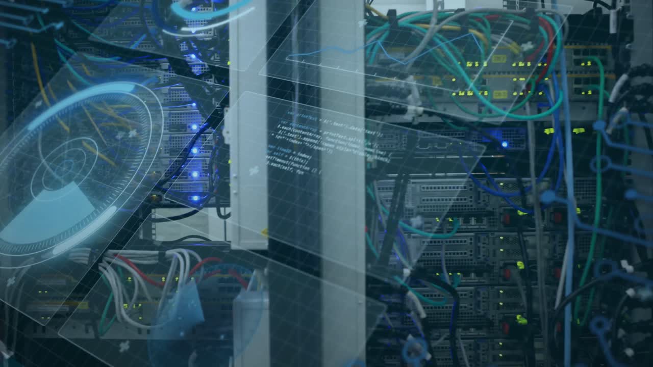 animación del escaneo del alcance y el procesamiento de datos a través de cables en el servidor informático en segundo plano