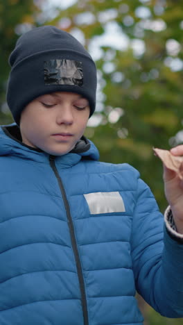 niño con chaqueta azul y gorra sostiene una hoja alta, inspeccionándola contra el vibrante follaje de otoño y el fondo rústico, expresión reflexiva y vegetación brillante evocan un sentido de exploración de la naturaleza