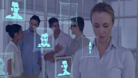 animación de fotos y datos biométricos sobre diversos empresarios en la oficina