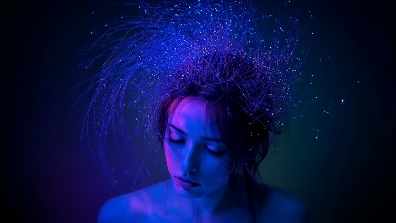 Inquadratura della camera: donna che inclina la testa e abbassa lo sguardo in studio, con una corona in fibra ottica per un’atmosfera tranquilla