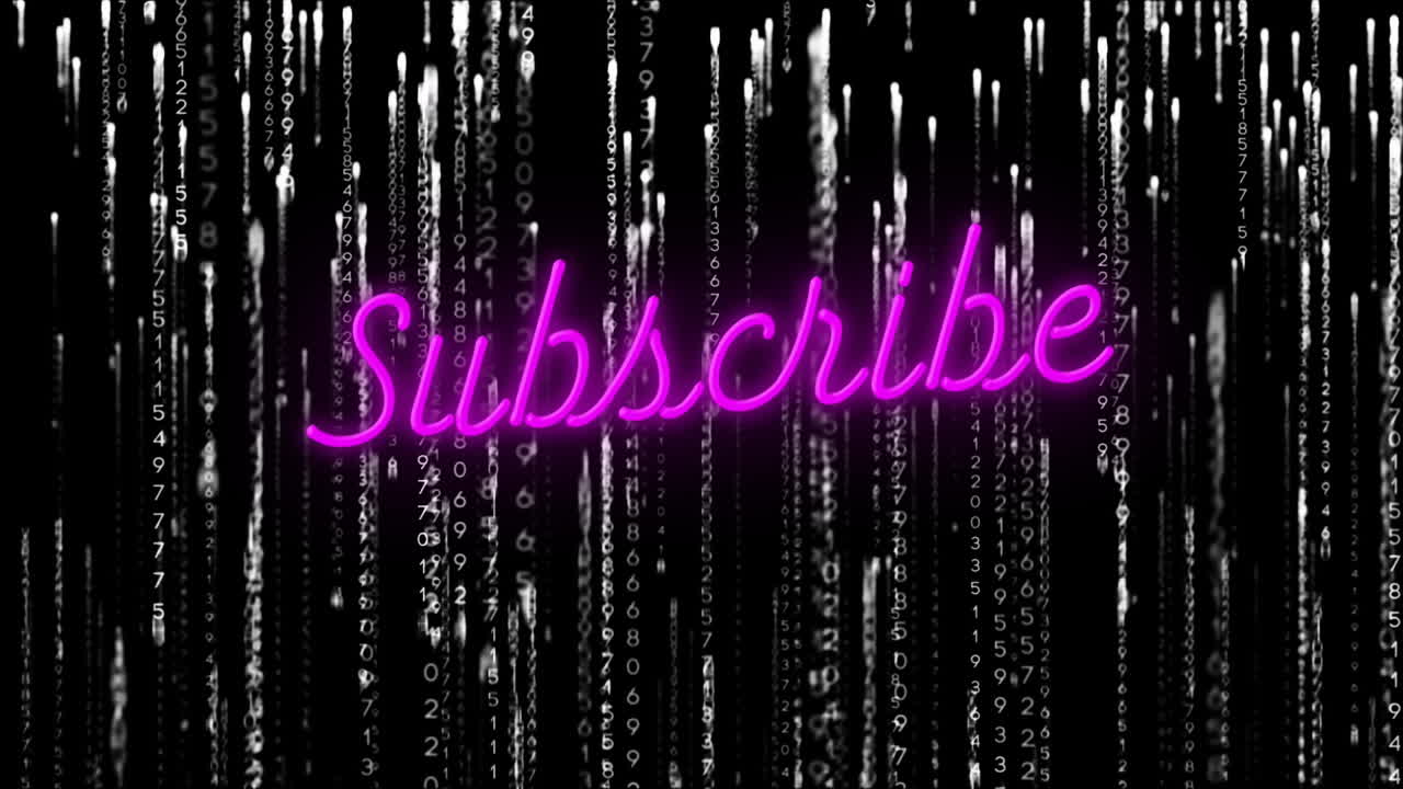 Neon pink Subscribe text over falling numbers animation on black background