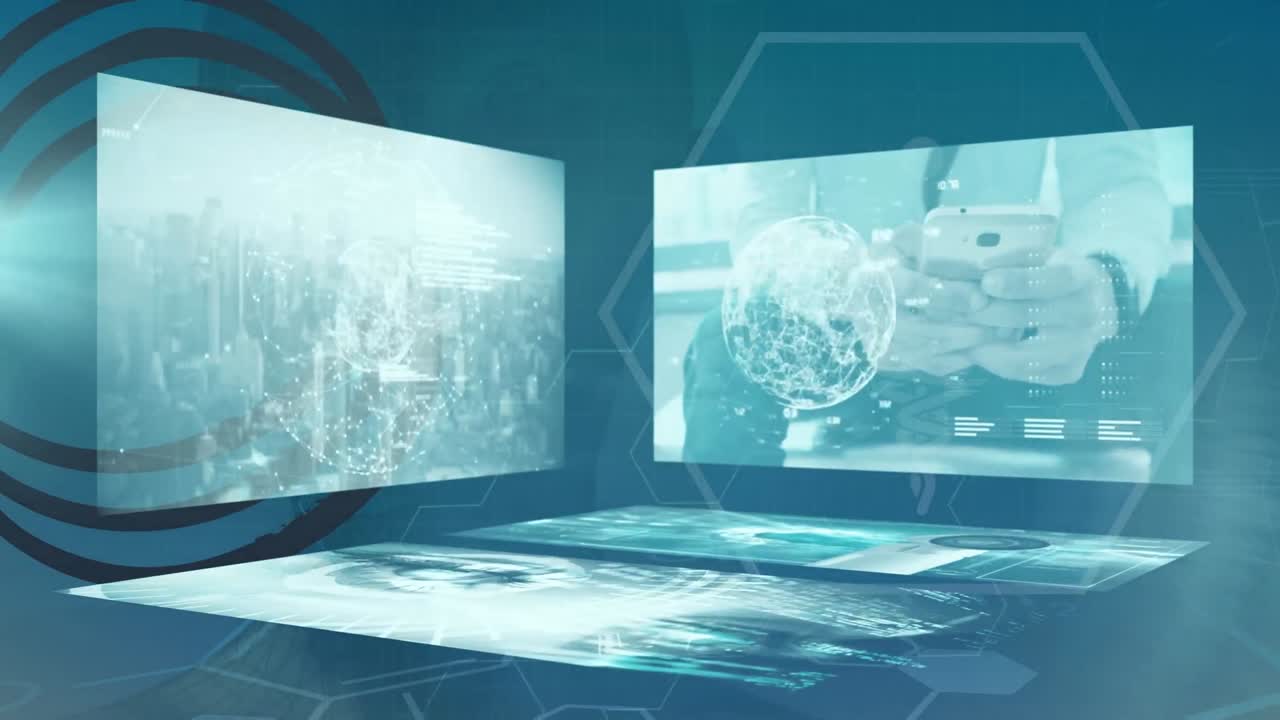 파란색 공간에서 다양한 데이터를 가진 화면의 애니메이션