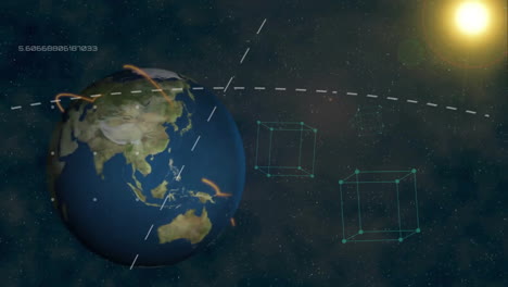 animación de la rotación y la órbita de la tierra sobre el espacio con formas geométricas y datos