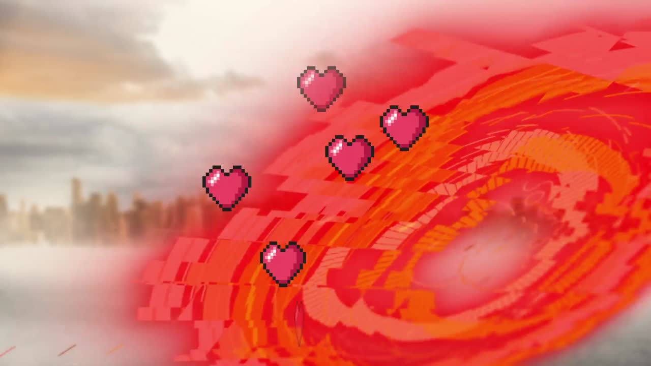 animación de corazones y círculos sobre el paisaje urbano