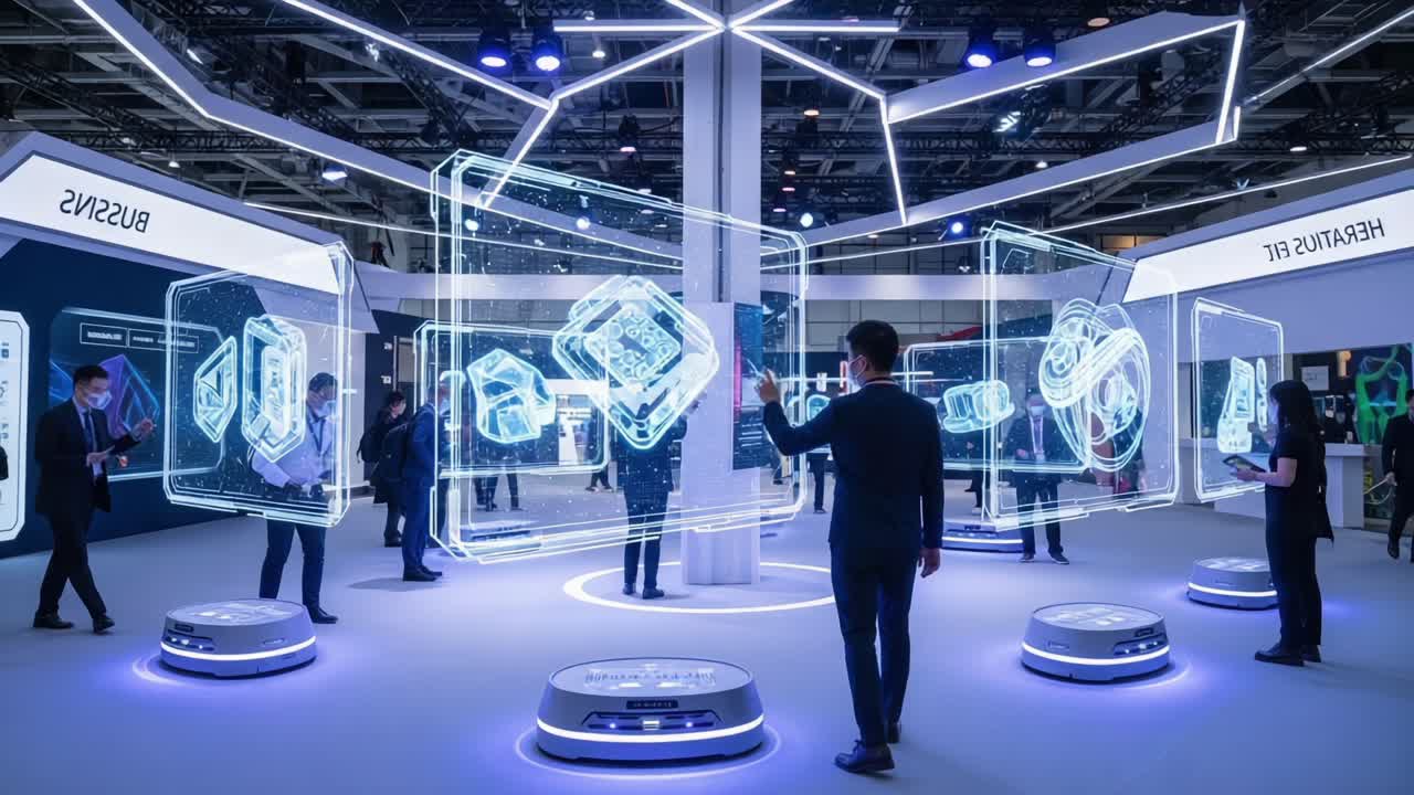 Futuristic Exhibition Showcase Featuring Interactive Digital Displays and Engaged Participants in a Technological Environment Highlighting Innovation and Connectivity