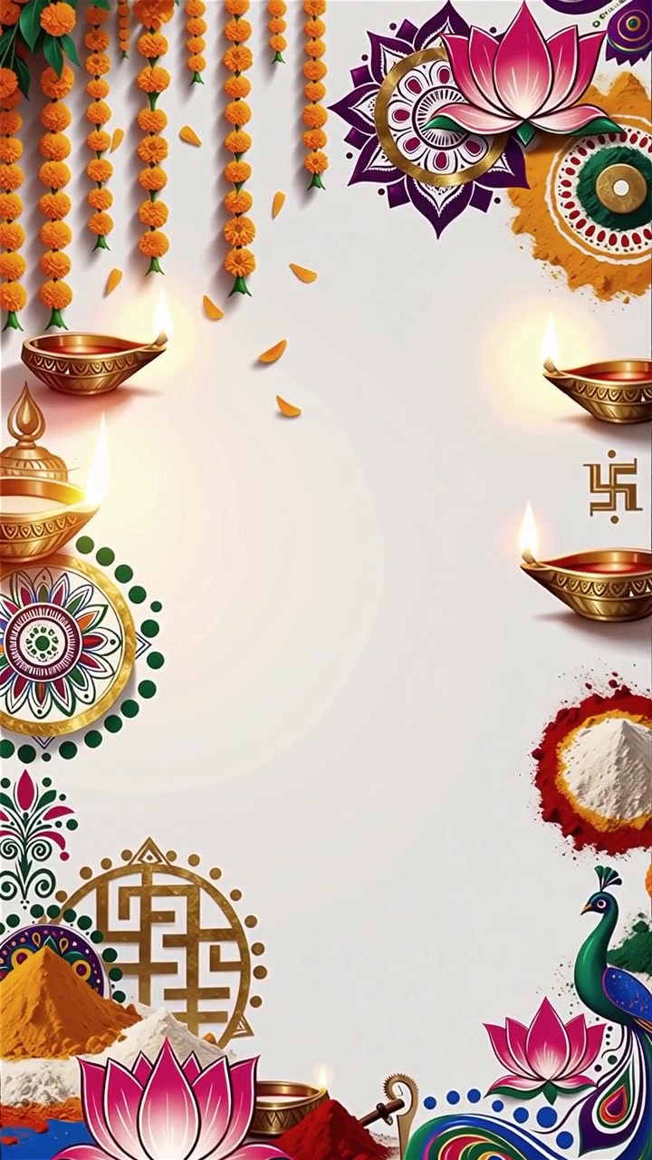 Sfondo Diwali con Diyas luminosi, Rangoli e fiori di loto