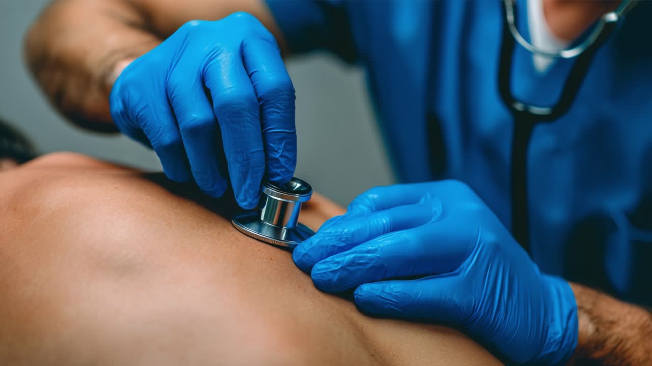 Medical Professional Using Stethoscope to Examine Patient's Back in a Clinical Setting, Highlighting Healthcare Practice and Patient Care Dynamics