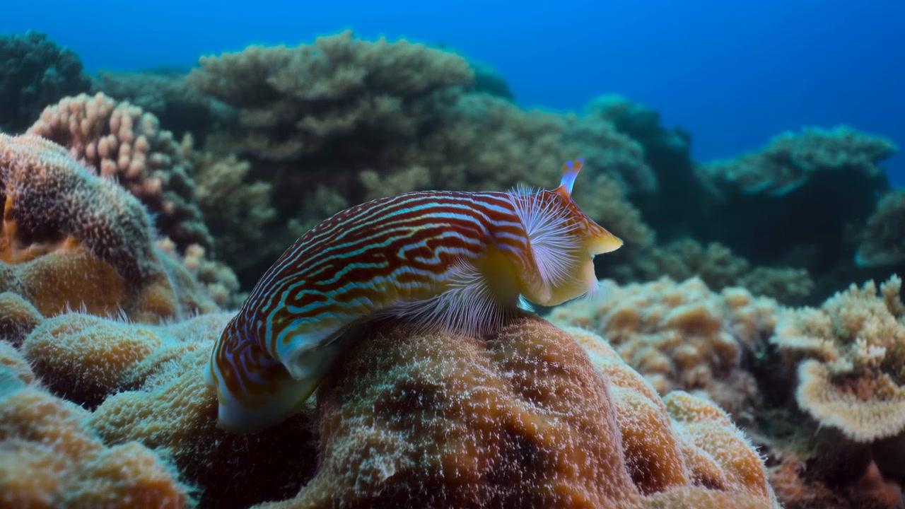 Nudibranco colorato su barriera corallina, primo piano, scatto macro subacqueo che mostra una lumaca di mare a strisce che scivola su corallo morbido.