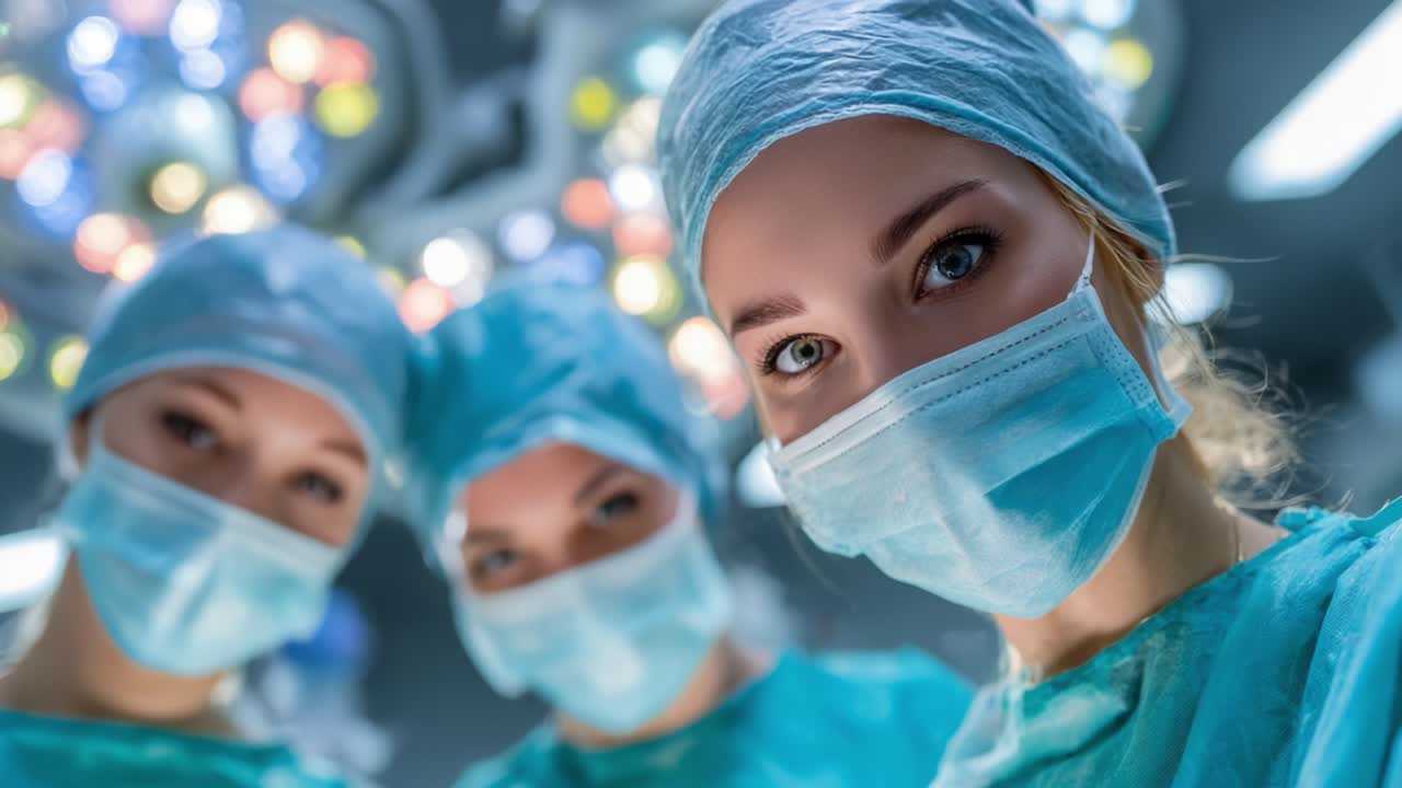 A Focused Team of Healthcare Professionals in Operating Room, Wearing Surgical Masks and Caps, Ready for a Critical Procedure with Advanced Technology and Equipment in Background