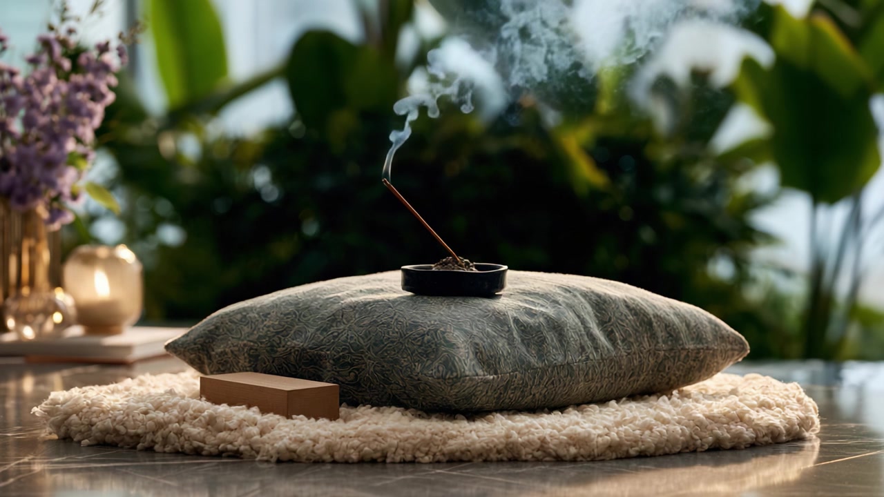 Uno Spazio di Meditazione Pacifico: Un Cuscino Accogliente Accompagnato da Incenso e Texture Morbide Che Creano un'Atmosfera Serena per Pratiche di Consapevolezza
