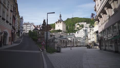 karlovy vary or carlsbad, czech republic, main historic market colonnade street full of shops