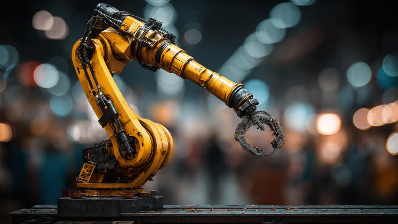 Advanced Robotic Arm Showcasing Precision Engineering and Automation in Industrial Settings: A Gleaming Yellow Mechanical Innovation Captivating Attention Amidst a Blurred Background