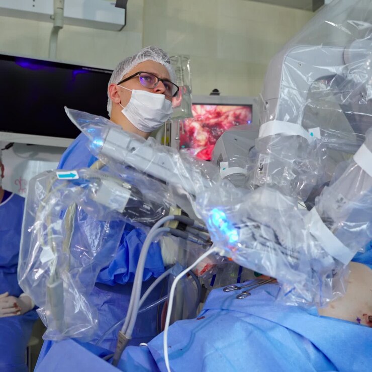 Medical operation involving robot. Minimally invasive robotic surgery. Surgeon perform a microsurgery using robotic system