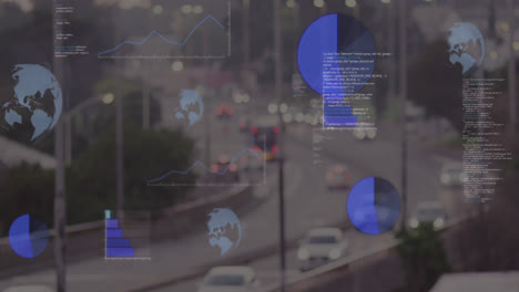 Animation-of-round-scanners-and-data-processing-against-aerial-view-of-city-traffic