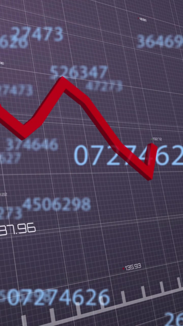 Digital animation of changing numbers and statistical data processing against blue background