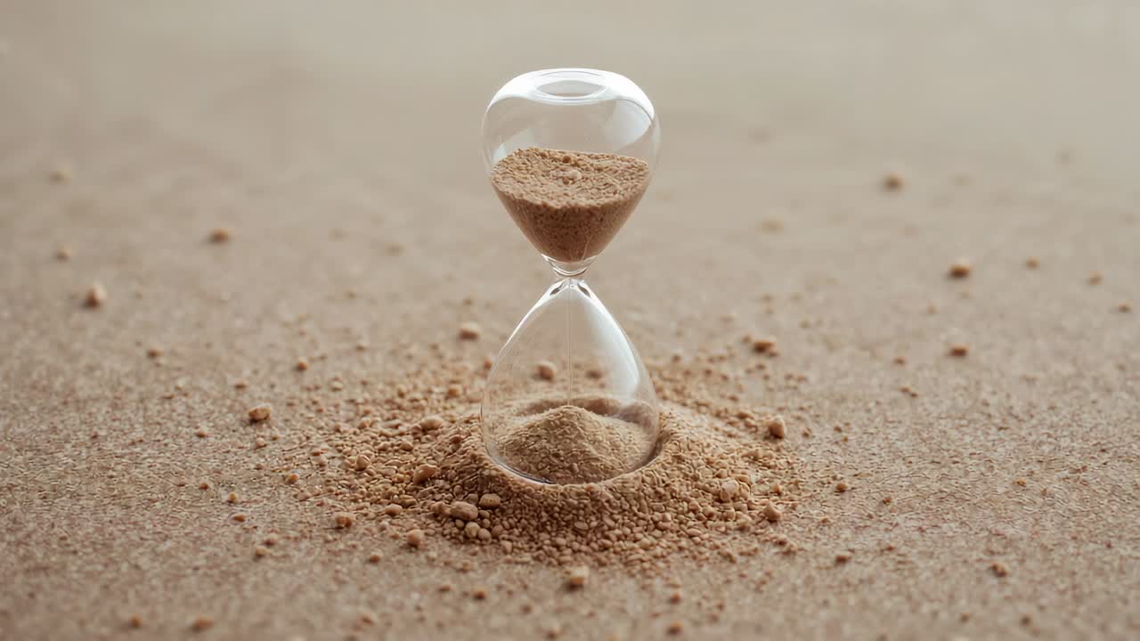 Hourglass pouring fine brown sand onto studio sand bed under gravity, marking time