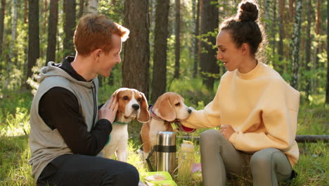 couple enjoying a picnic with dogs in the forest