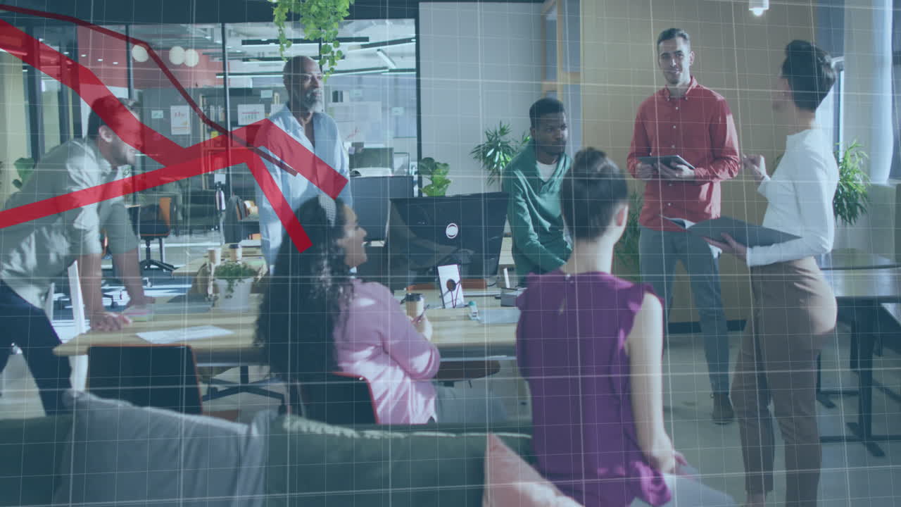 Animation of data processing over diverse business people working at office