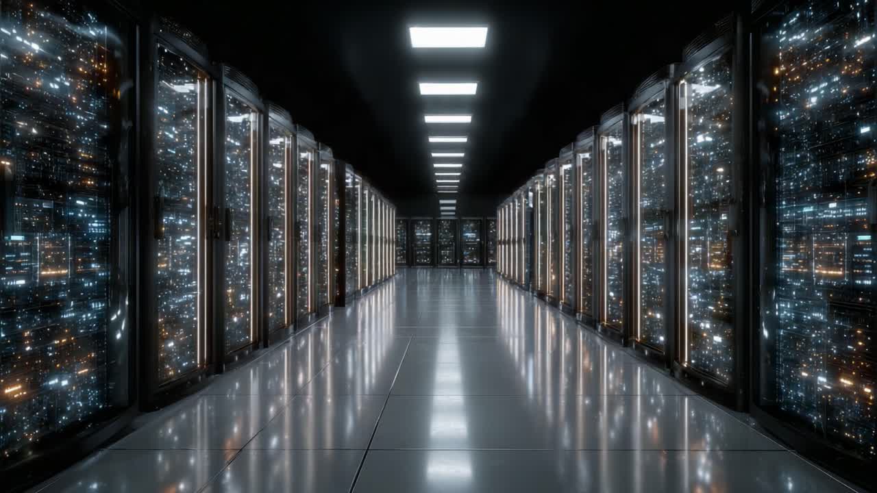 Illuminated Data Center Corridor: A Glimpse into the Heart of High-Tech Storage Solutions Showcasing Cutting-Edge Server Racks with Luminous Displays