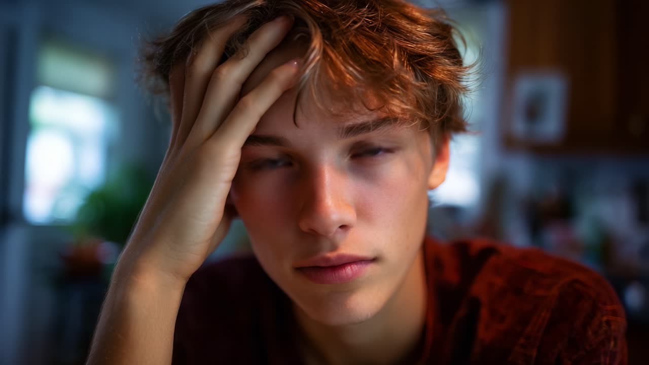 Un giovane uomo pensieroso, con i capelli arruffati e un'espressione concentrata, che riflette sui suoi pensieri in un ambiente domestico, incarnando introspezione ed emozione profonda.
