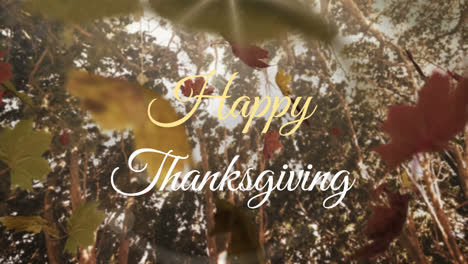 Happy-Thanksgiving-Text-über-Mehrere-Ahornblätter-Fallen-Gegen-Wald-Im-Hintergrund