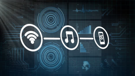 animation of network of digital icons against interface with data processing on black background