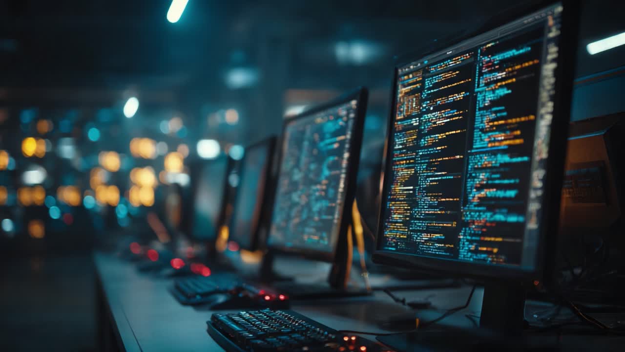 A High-Tech Computing Environment Featuring Multiple Monitors Displaying Colorful Code and Data, Reflecting the Future of Programming and Digital Innovation