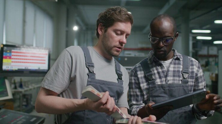Printing House Workers Reviewing Color Samples and Using Digital Tablet