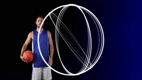 Animation-Von-Kreisen-über-Einem-Männlichen-Basketballspieler,-Der-Den-Ball-Hält