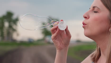 close up of hand holding bubble wand dripping soap solution before gentle breath creates translucent spheres floating over blurred farmland under soft evening sky