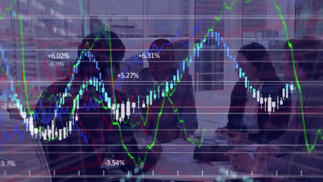 animation of stock market display with business man at a meeting in the background