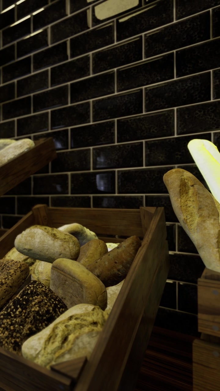Fresh bread displayed in a wooden tray at a bakery with dark tiled walls