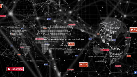 network connections and play buttons animation over world map with digital nodes