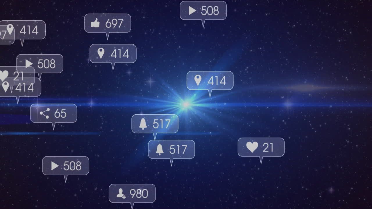 Social media notifications floating over starry night sky in animation style