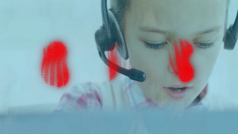 animation of red shapes over caucasian businesswoman using phone headset in office