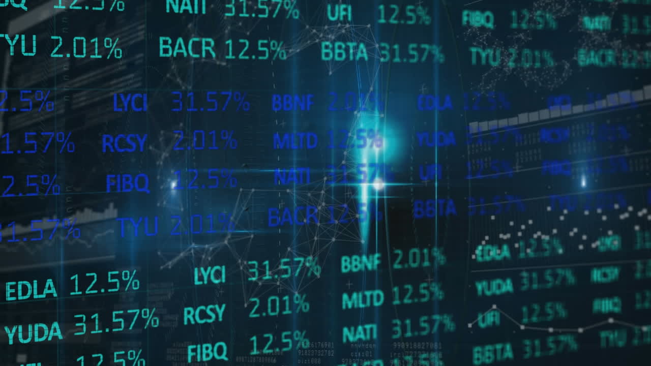 Animation of trading board, dots forming circle, lens flare and bar graph over abstract background