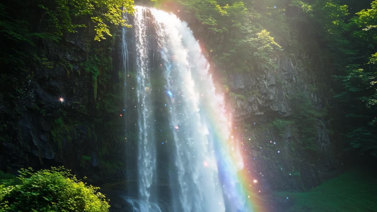 A Majestic Waterfall Cascading Through Lush Green Forests Where Sunlight Creates a Captivating Rainbow, Highlighting the Beauty of Nature’s Serenity and Tranquility