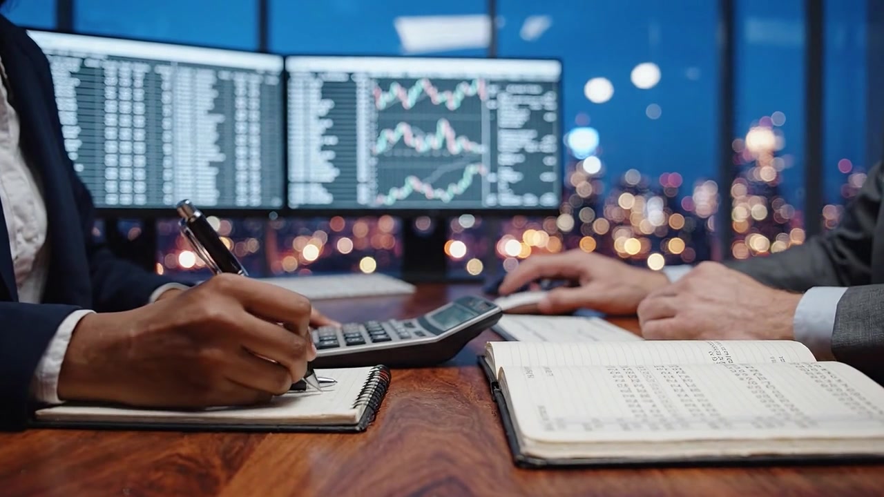 To professionelle i en finansiel diskussion, der analyserer data på skærme og bruger en lommeregner i et moderne kontormiljø om natten.