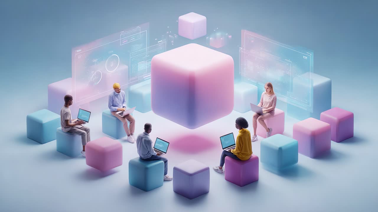 A Collaborative Digital Workspace: Individuals Engaging with Technology and Data Visualization Around a Central Cube, Emphasizing Teamwork and Innovation in Modern Work Environments