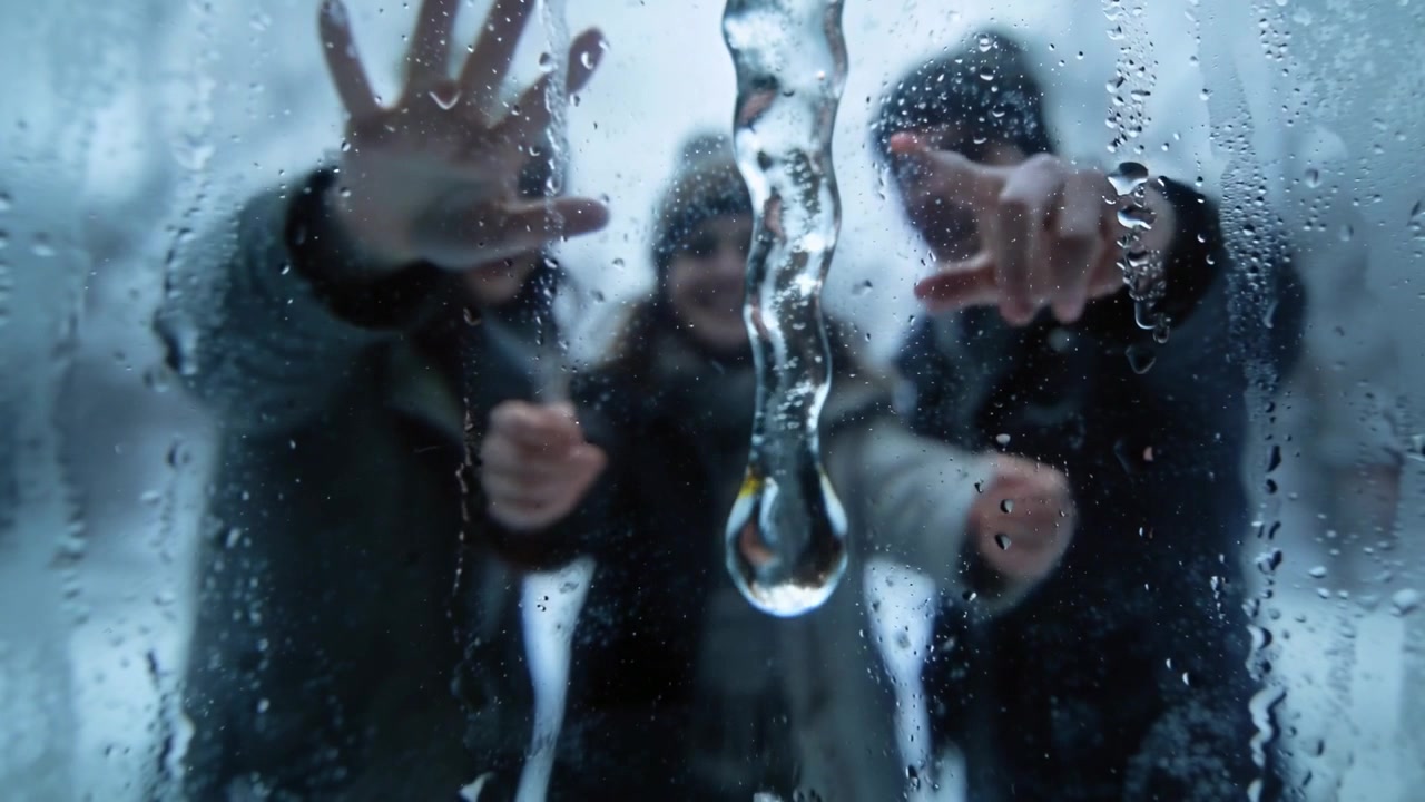 Freunde in Mützen und Mänteln greifen, drücken Handflächen von außen an Glas, nachdem sie einen hängenden Tropfen entdeckt haben.