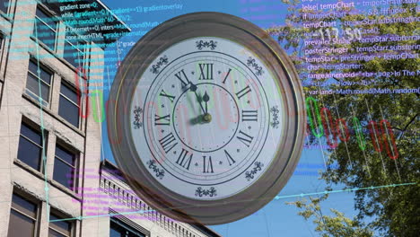 Animation-of-diagrams-and-data-processing-with-clock-over-cityscape