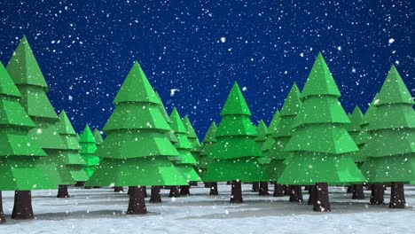 Animation-of-winter-scenery-with-fir-trees-on-blue-background